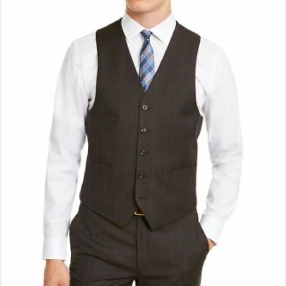 Michael Kors Brown Plaid Kerrigan Vest Tailored 100% Wool 44R new with tags - Picture 1 of 6